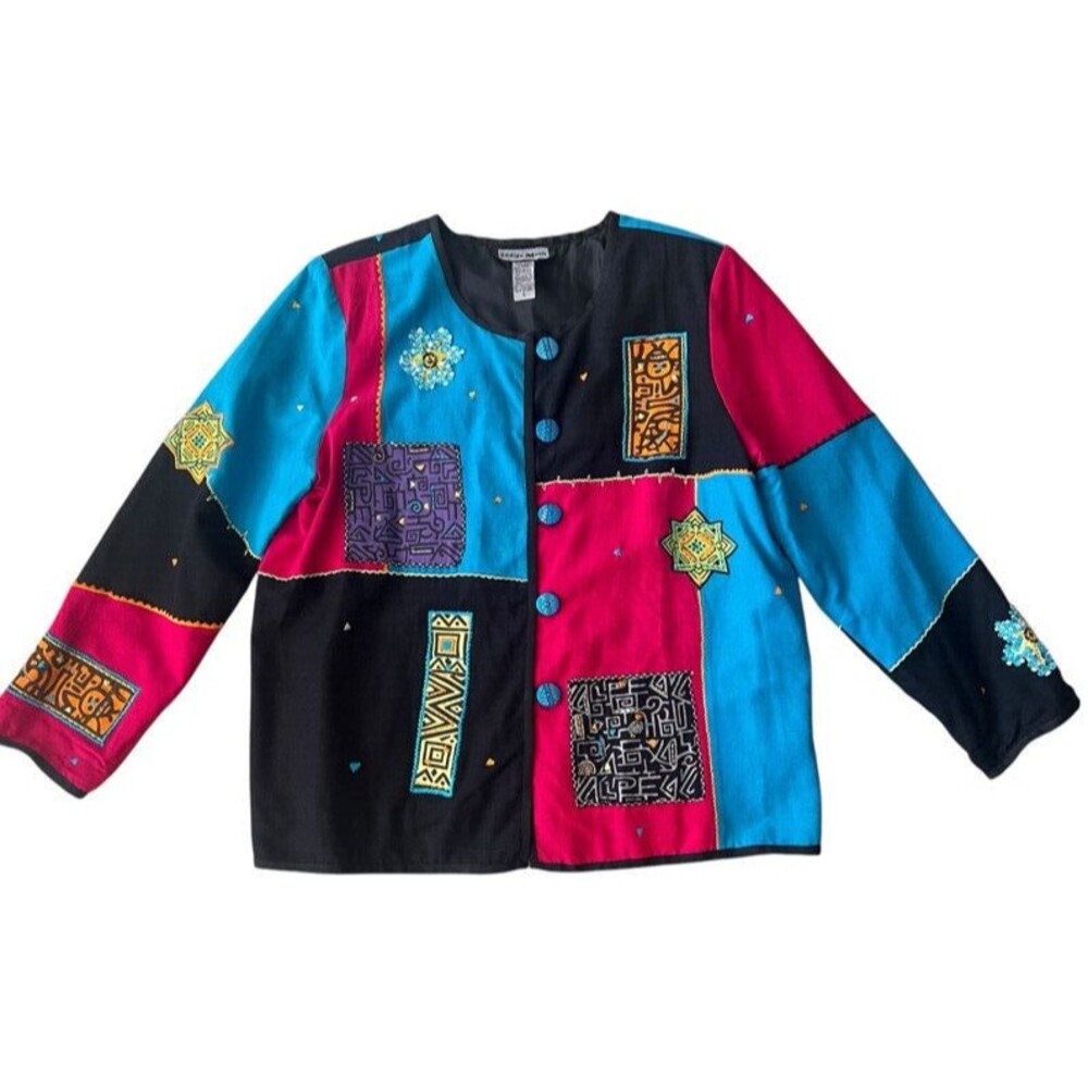 Vintage Indigo Moon Patchwork Boho Embroidered Art To Wear Blazer Jacket Large